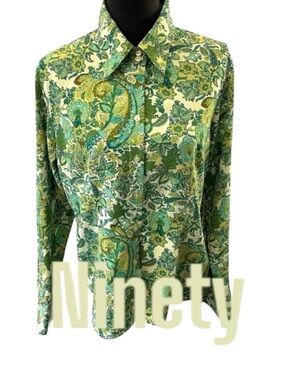 Ninety Green/Cream Paisley Striped French Cuff Retro Blouse Shirt Top (L)